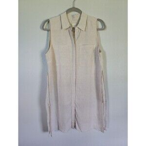 Chicos Women's 100% Linen Button Up Tunic Top Sleeveless Beige Size 1